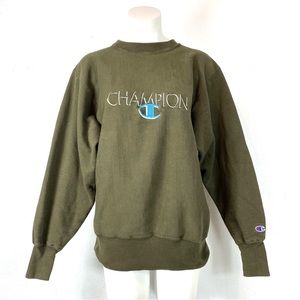 VTG Champion Reverse Weave Olive Green Shadow Letter Logo Crew Sweatshirt Large